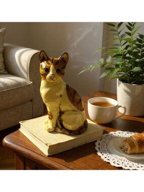 Hand-Painted Ceramic Cat Figurine With Brown & Cream Finish Vintage-Style